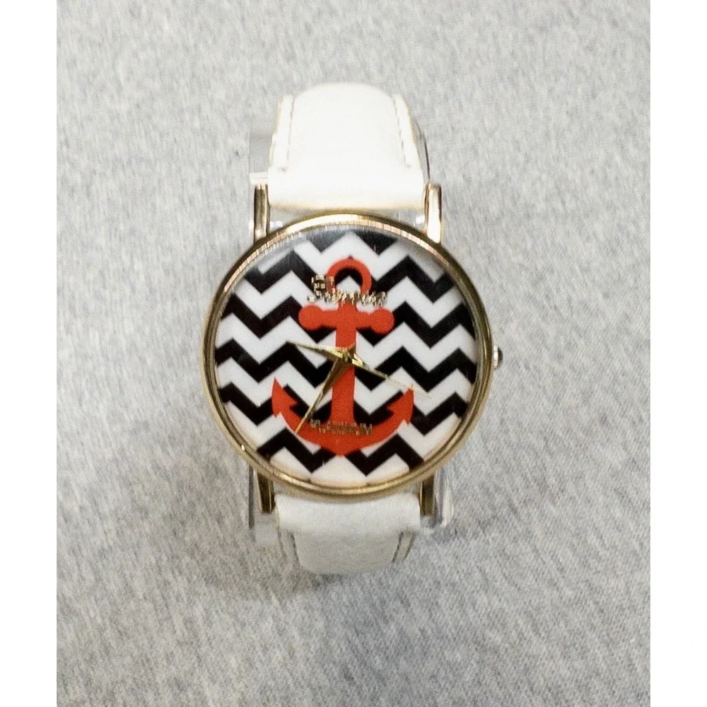 Geneva Platinum Watch Womens‎ Pink Anchor White Leather Band Nautical Chevron